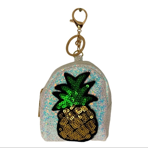 GLITTER PINEAPPLE MINI BACKPACK COIN PURSE KEYCHAIN IN WHITE - Picture 3 of 5